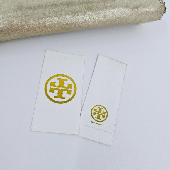 Tory Burch Wallet Thea Metallic Gold Continental Zip Around Medium Leather Logo - Picture 3 of 13